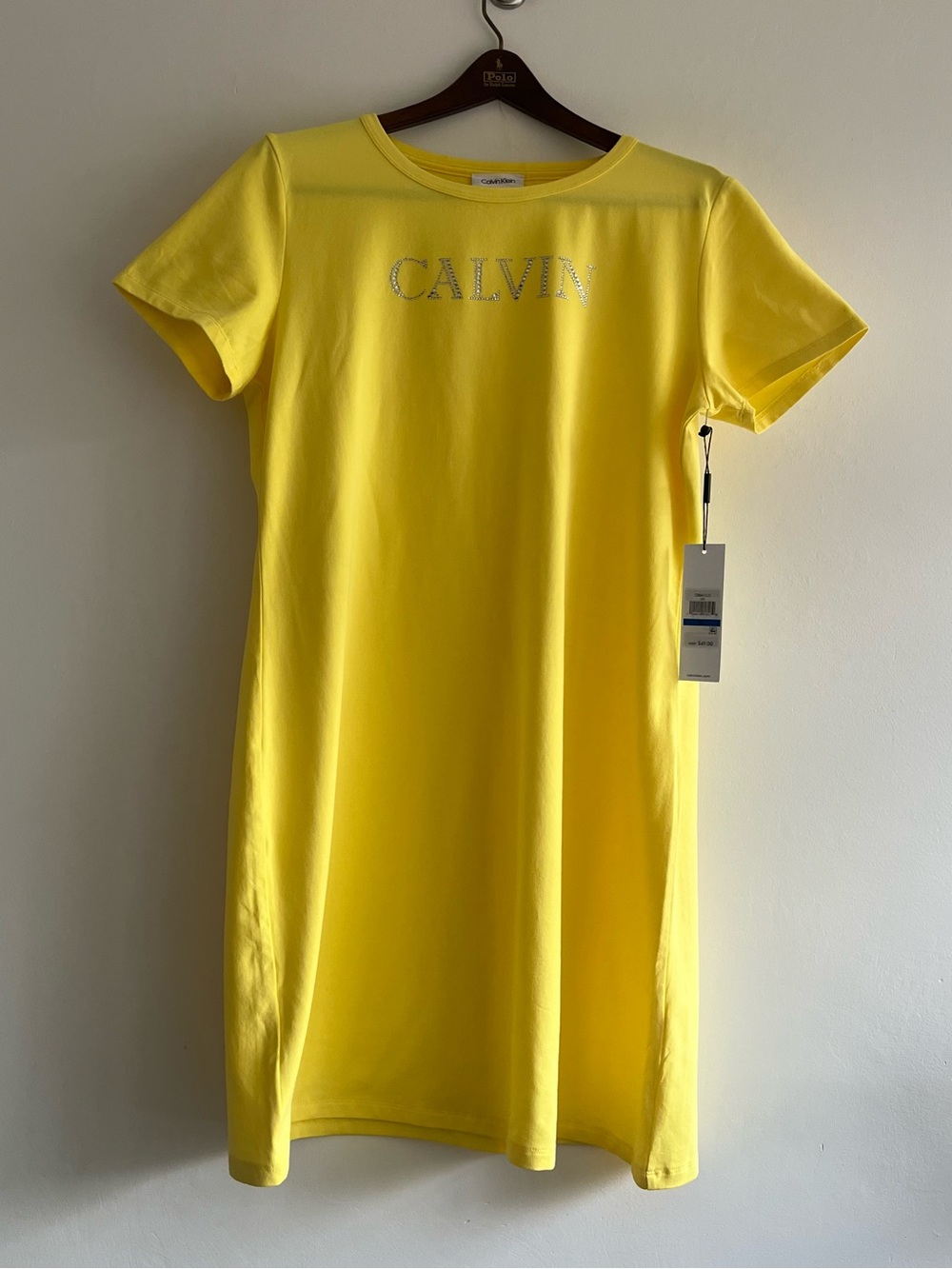 NWT Calvin Klein Yellow Rhinestone Logo T-Shirt Dress S